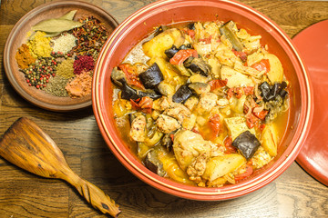 Vegetable stew in ceramic tajine.