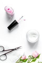 Naklejka premium salt and cream for nail care in spa top view