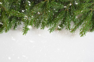 christmas tree branches frame on a white background. falling snow. space for text