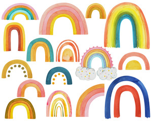 Watercolor set, collection of rainbows on isolated white background, watercolor hand drawing. Stock illustration for design