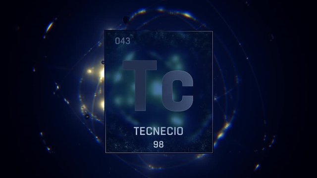 Technetium as Element 43 of the Periodic Table. Seamlessly looping 3D animation on blue illuminated atom design background with orbiting electrons. Name, atomic weight, element number in Spanish langu