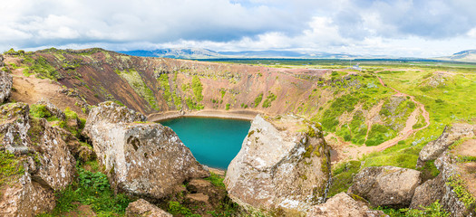 Panoramic view over Kerio volcano crater in southern Iceland in summer