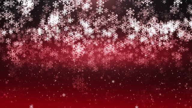 Red confetti, snowflakes and bokeh lights on the red Christmas background