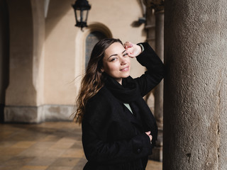 Fototapeta premium Portrait of stylish smiling happy woman walking in street, positive mood, girl enjoy weekends