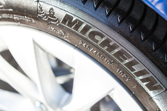 FUERTH / GERMANY - MARCH 4, 2018: Michelin logo on a tire. Michelin is a French tyre manufacturer based in Clermont-Ferrand in the Auvergne région of France.