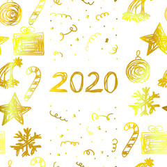 Christmas seamless Messy Vector pattern. Star, gift, ball, candy, snowflake, Santa hat on a white background. Hand-drawn tangled golden line of Christmas decorations. Symbols of winter holidays 2020