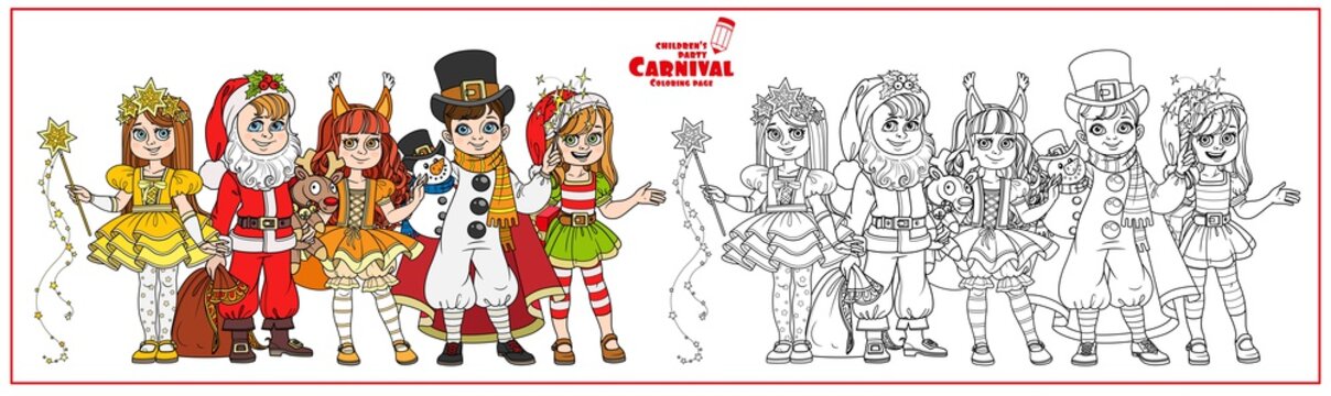 Children in carnival costumes Christmas characters Santa Claus,Squirrel, Christmas night, snowman, elf color and outlined for coloring page