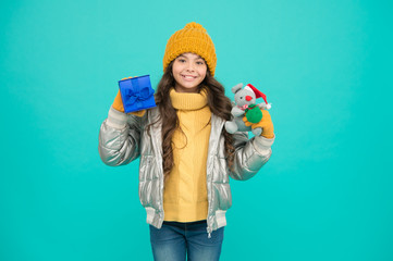 online purchase bonus. happy small girl present. shopping on xmas season. merry christmas. happy...