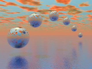 Obraz na płótnie Canvas Fantasy world. Mirror spheres hovers above water
