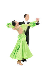 ballroom dance couple in a dance pose isolated on white background. ballroom sensual proffessional dancers dancing walz, tango, slowfox and quickstep just dance