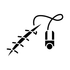 Stitching glyph icon. Suture device. Medical surgical procedure. Wound treatment. First aid. Injury healing. Health care. Cut and gash. Silhouette symbol. Negative space. Vector isolated illustration