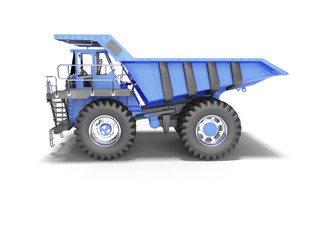 Big mining truck blue side view 3D rendering on white background with shadow