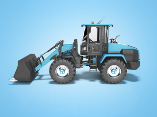 Blue large road frontal loader side view 3D rendering on blue background with shadow