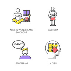 Mental disorder color icons set. Alice in wonderland syndrome. Anorexia. Eating disorder. Underweight body. Stuttering. Speech disorder. Repetition. Autism. Isolated vector illustrations