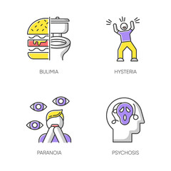 Mental disorder color icons set. Bulimia. Eating disorder. Hysteria. Panic attack. Anxiety, depression. Paranoia. Fear and phobia. Psychosis. Psychiatric illness. Isolated vector illustrations
