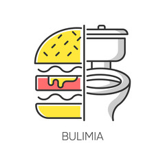 Bulimia color icon. Eating disorder. Depression and anxiety. Vomiting food in bathroom. Unhealthy hunger. Binge eating from stress. Psychological issue. Mental disorder. Isolated vector illustration