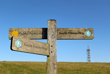 A signpost at the top of Butser Hill in Hampshire pointing to the South Downs Way