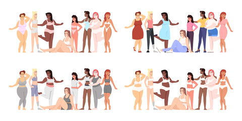 Women flat vector illustrations set. Body positive. Thin and plus size figure. Struggle for equality and feminism. Smiling ladies of different nationalities isolated cartoon characters