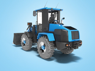 Blue road front loader rear view 3D rendering on blue background with shadow