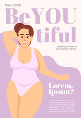 Body positive magazine cover template. Journal mockup design. Feminism. Vector page layout, flat character. Plus size model. Caucasian woman with freckles advertising cartoon illustration, text space