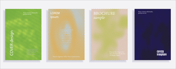 Minimalistic cover design templates. Set of layouts for covers of books, albums, notebooks, reports, magazines. Line halftone gradient effect, flat modern abstract design. Geometric mock-up texture