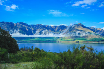 Fototapeta na wymiar View of Remarkables mountain range and Lake Wakatipu in Queenstown, South Island, New Zealand