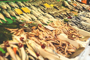 Fresh fish at the market with different fish.