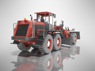 Grader for dumping and leveling the road rear view 3D rendering on gray background with shadow