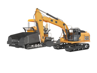 Equipment repair paver crawler and crawler excavator 3D rendering on white background no shadow
