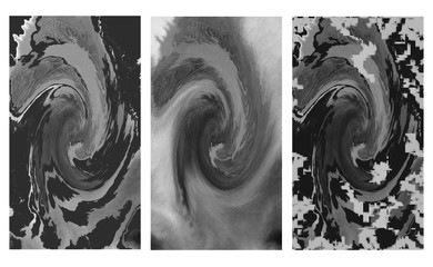 Set of three raster black and white patterns. Abstract image of a hurricane. Whirlwind, swirling lines. Image with distortion effect.