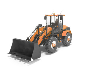 Fototapeta premium Orange large road frontal loader for road works 3D rendering on white background with shadow