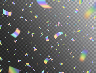 Holographic shiny falling confetti on transparent background. Rainbow festive tinsel. Glitch effect. Foil hologram. Color iridescent decoration for Christmas, Birthday, Wedding. Vector illustration
