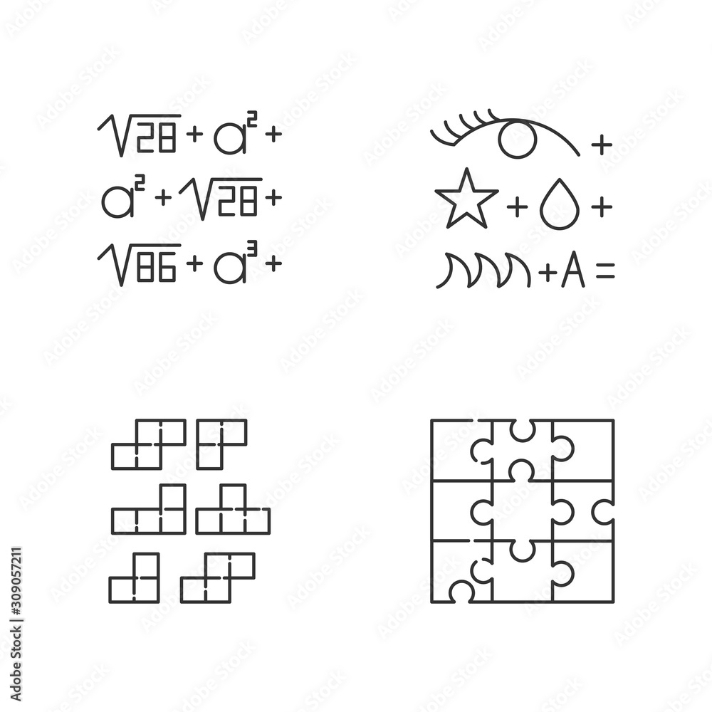 Poster puzzles and riddles linear icons set. rebus. block puzzle, tile matching. jigsaw. logic games. brain