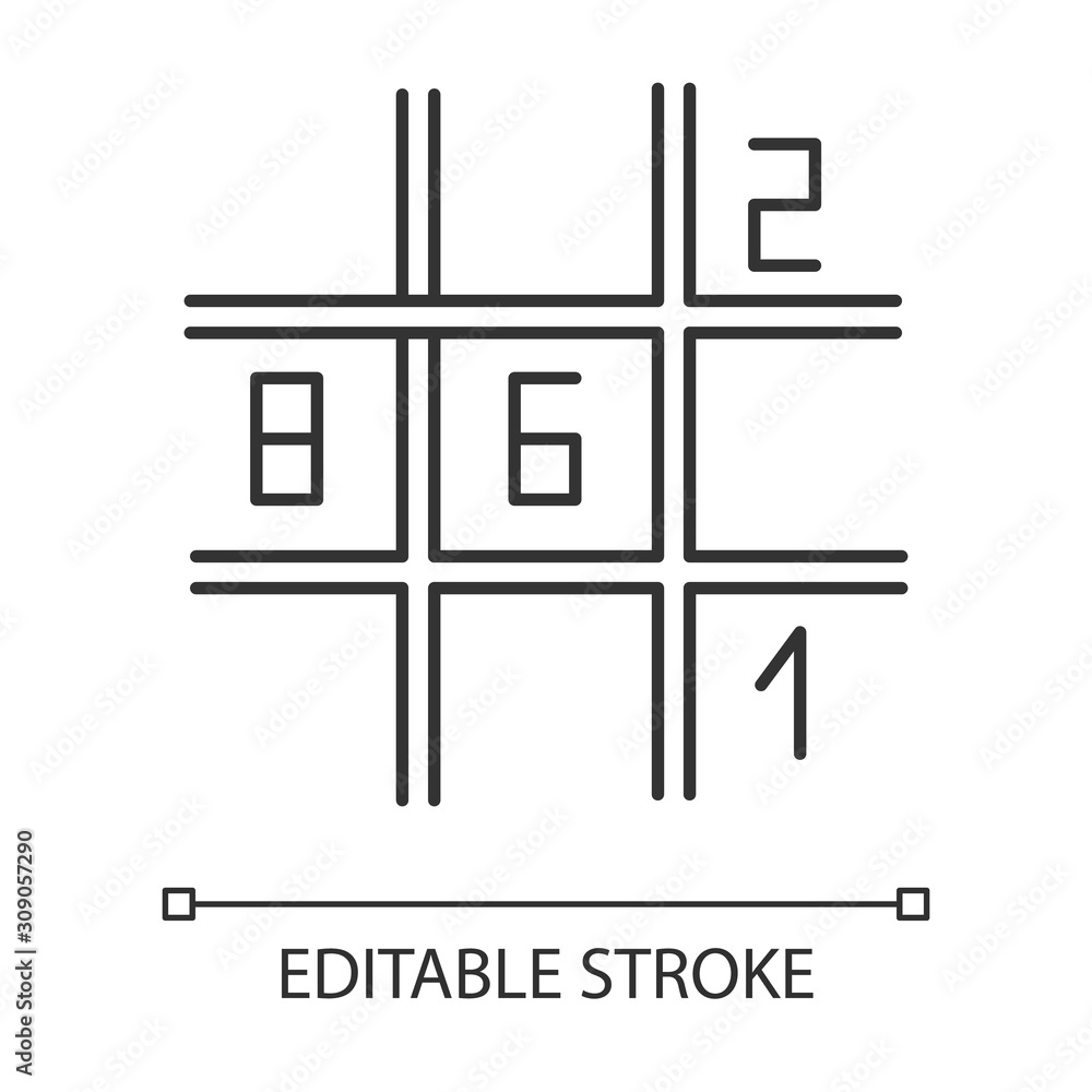 Poster sudoku puzzle linear icon. number-placement game. mental exercise. ingenuity, intelligence test. bra
