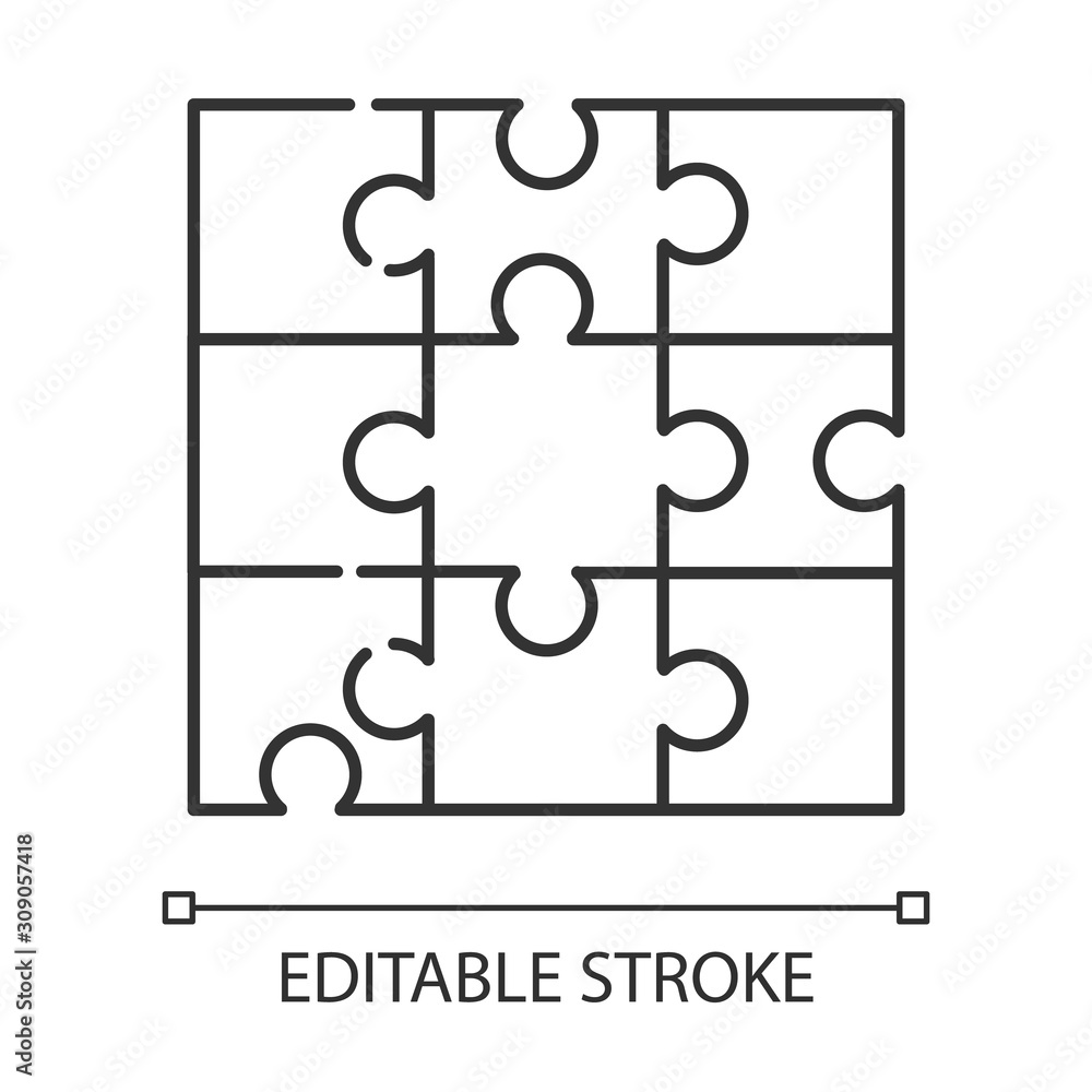 Poster jigsaw puzzle linear icon. tiling, assembly game. interlocking pieces. ingenuity test. brain teaser.