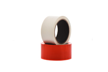 Red and white rolls of duct tape isolated on white background.