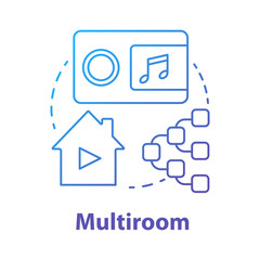 Fototapeta premium Multiroom blue gradient concept icon. Smart house idea thin line illustration. Innovative technology for apartment. Multimedia system. Speakers control. Vector isolated outline drawing