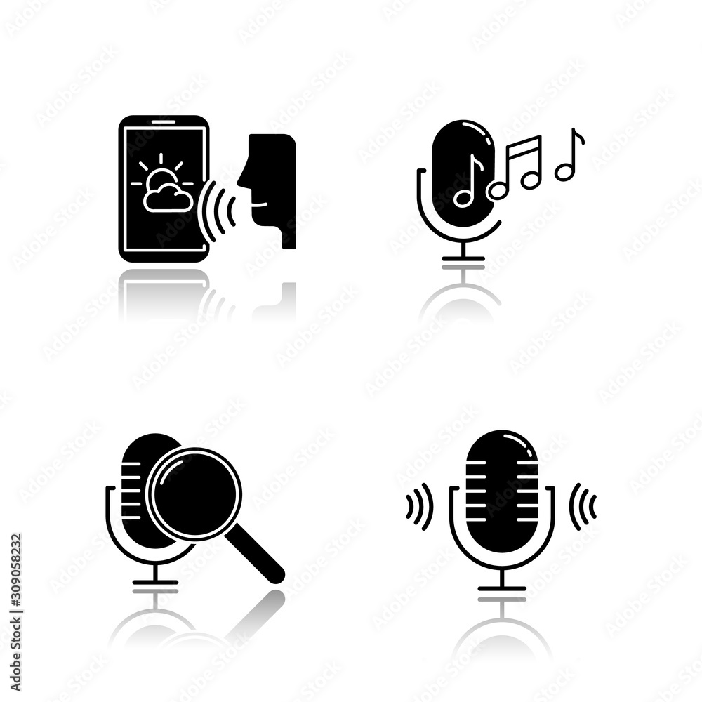 Poster sound request drop shadow black glyph icons set. voice control system. speech recognition technology