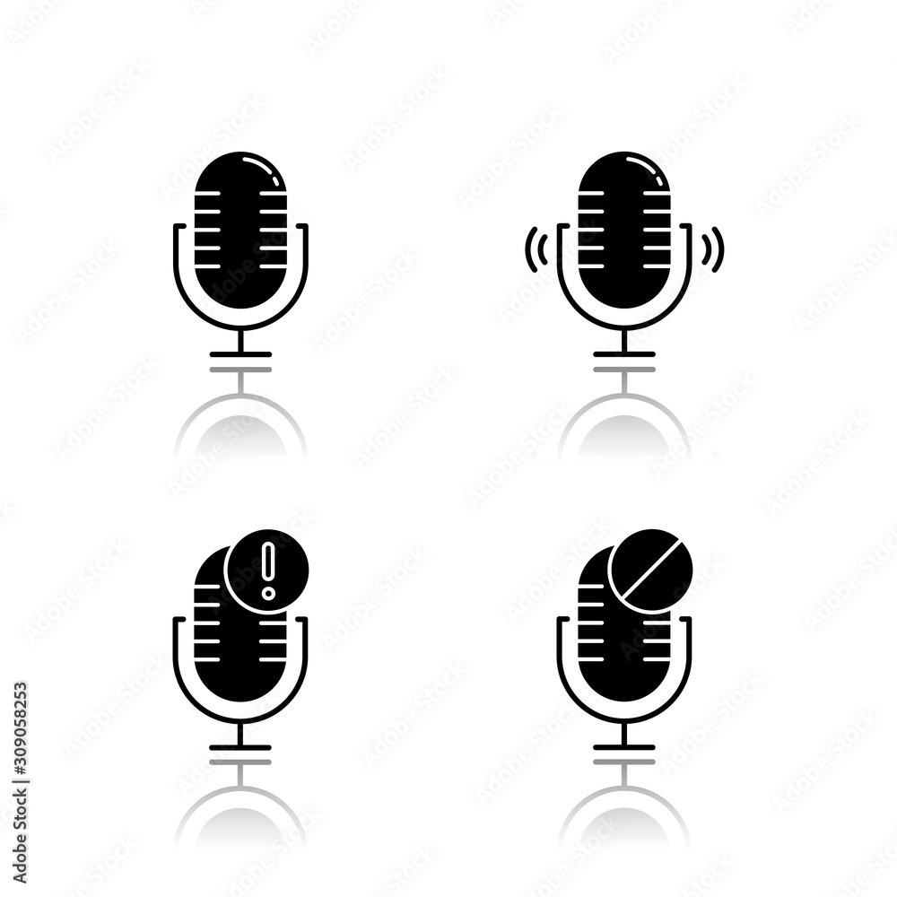 Poster microphone connection problems drop shadow black glyph icons set. sound recording mistake idea. voic