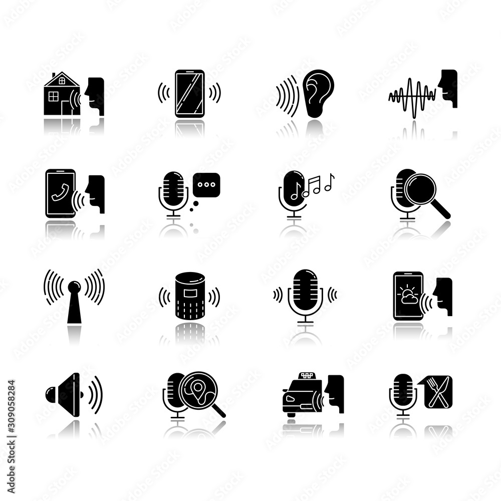 Poster voice control drop shadow black glyph icons set. sound request. remote controlled apps. speech recog