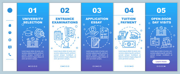 Fototapeta na wymiar University entrance onboarding mobile web pages vector template. Essay, exam. Responsive smartphone website interface idea with linear illustrations. Webpage walkthrough step screens. Color concept
