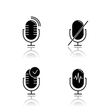 Microphone Using Modes Drop Shadow Black Glyph Icons Set. Voice Control Idea. Sound Recorder Installation. Speech Recognition Process. Mic Connection Problem. Isolated Vector Illustrations