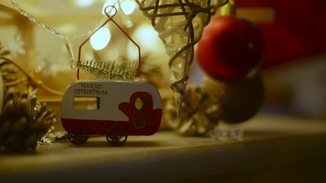 Lights on : Merry Christmas message on caravan mini model - Christmas tree