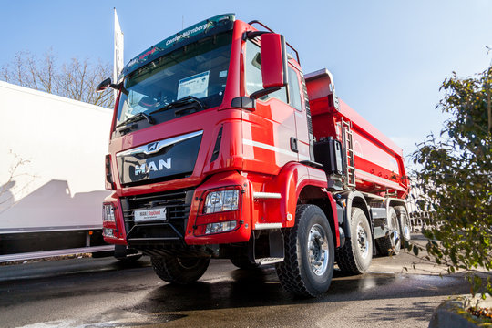 NUERNBERG / GERMANY - MARCH 4, 2018: MAN TGS 35.460 8X8 dumper stands on a platform near the MAN factory in Nuernberg.
