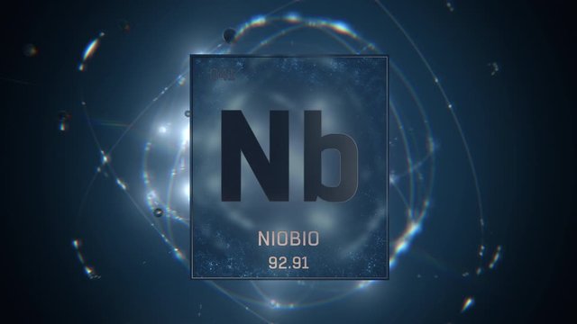 Niobium as Element 41 of the Periodic Table. Seamlessly looping 3D animation on blue illuminated atom design background with orbiting electrons. Name, atomic weight, element number in Spanish language