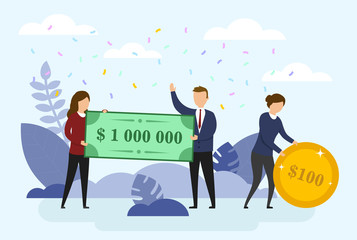 Happy man and woman are holding a bank cheque for a million dollars. A woman holds a coin for 100 dollars. Lottery gain or grant concept. Flat style. Vector illustration