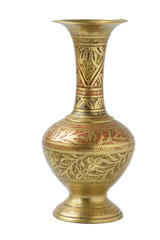 Ancient  brass or bronze carved vase with  pattern isolated on a white background.