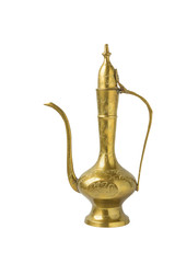 Fototapeta na wymiar Brass arabic coffee pot with pattern on a white background.