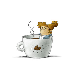 businesswoman is taking a bath inside a cup of coffee. isolated