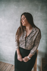 Fototapeta premium Plus size fashion model in casual clothes, woman on studio background, overweight female body